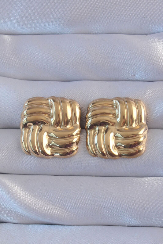 316L Çelik Gold Renk Kare Çizgili Vintage Küpe - EBJ240807W25626 - 1