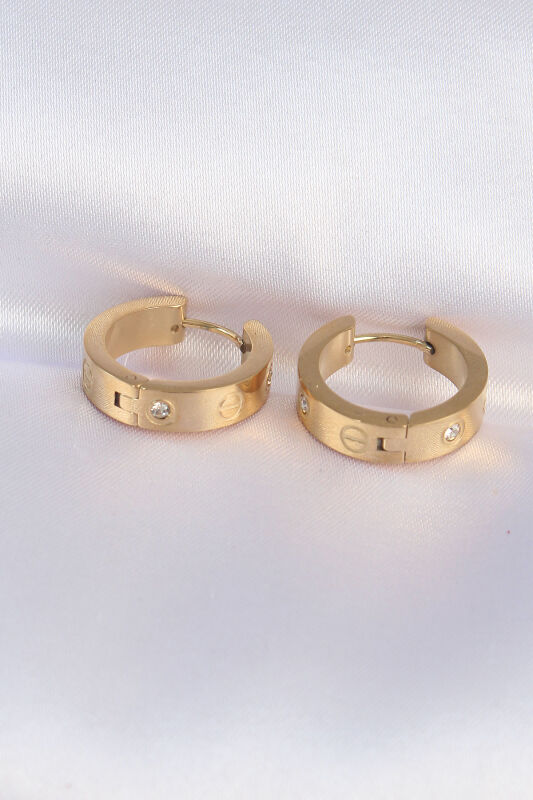 316L Çelik Gold Renk Zirkon Taşlı Cartier Model Halka Küpe - EBJ240613W24952 - 1