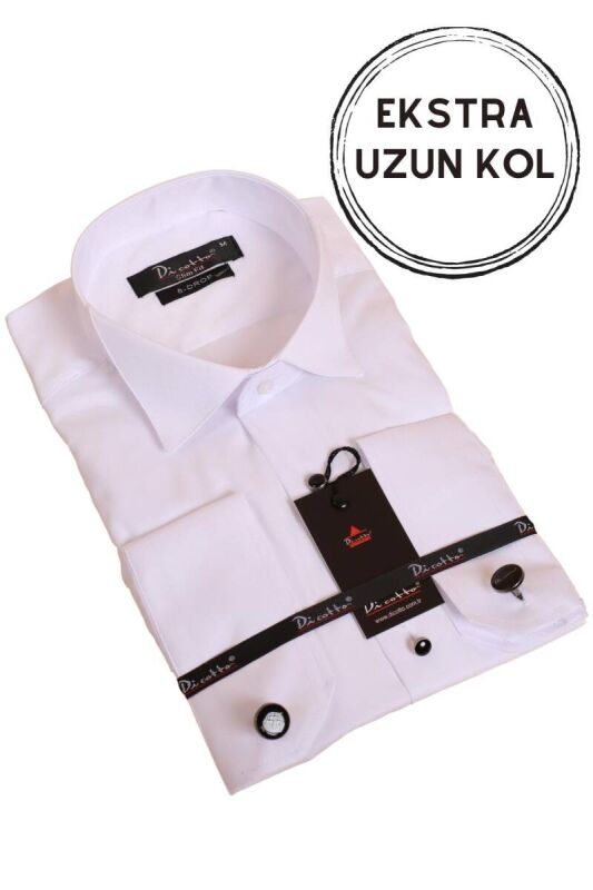 Beyaz Ekstra Uzun Kol 8 Drop Damatlık Ata Yaka Kol Düğmeli Slim Fit Smokin Gömlek - 013 - 3