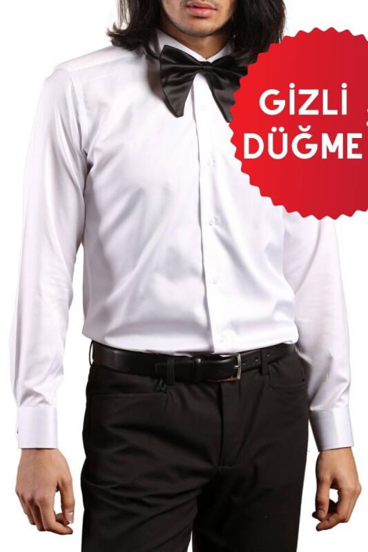 Beyaz Gizli Pat Damatlık Ata Yaka Kol Düğmeli Slim Fit Smokin Gömlek - 001 - 2