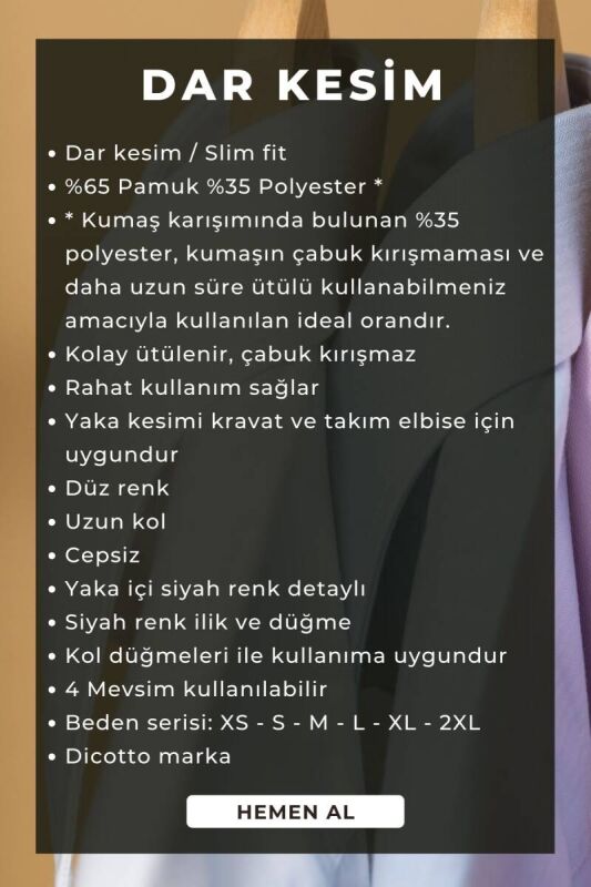 Beyaz Yaka İçi Siyah Dar Kesim Slim Fit Uzun Kol Düz Renk Erkek Gömlek - 152-1 /151 - 5