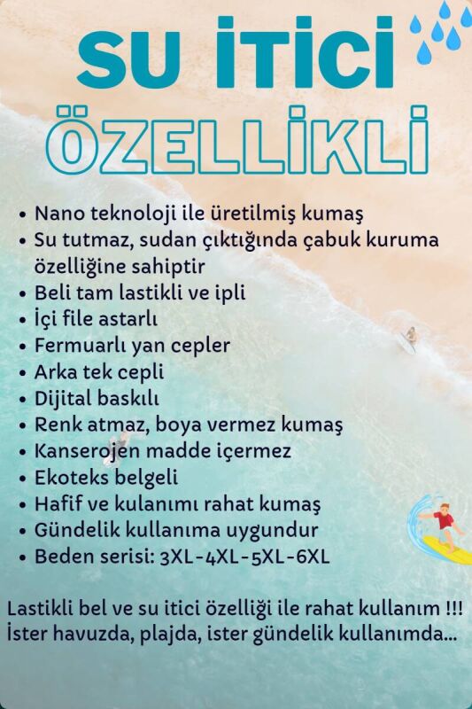 Büyük Beden Su İtici Özellikli Dijital Baskılı Erkek Plaj Deniz Şort Mayo - 141-Füme - 4