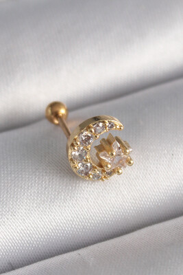 Gold Renk Zirkon Taşlı Ay Yıldız Tragus Piercing - EBJ241123W29407 - 1