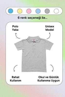 Gri Kısa Kol Düz Renk Yakalı 6-16 Yaş Çocuk Okul Lakos Tişört Polo Yaka T-shirt - 4