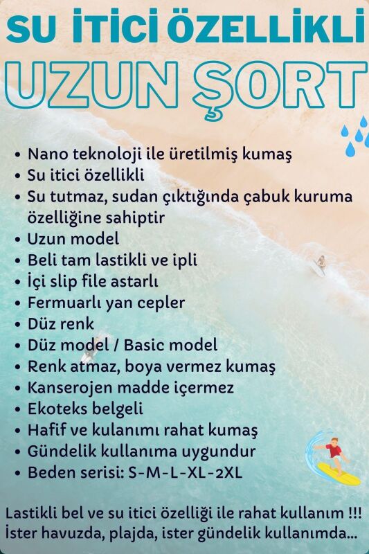 Haki Uzun Boy Basic Model Su İtici Özellikli Düz Renk Erkek Plaj Deniz Şort Mayo - 2206-Haki - 6