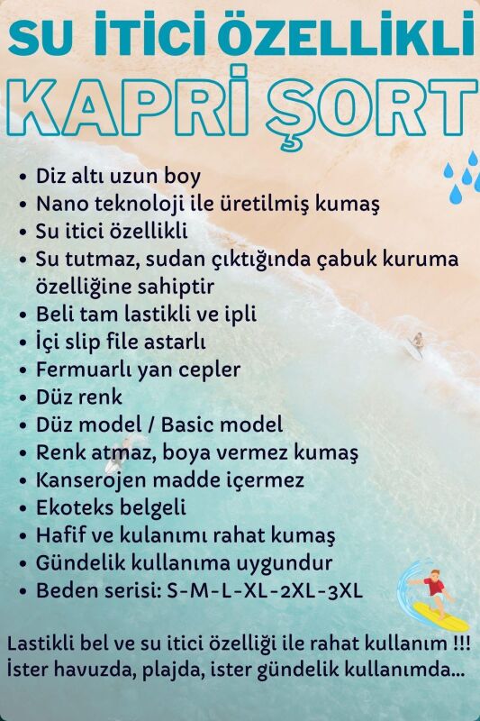 Haki Yeşil Diz Altı Uzun Boy Basic Model Su İtici Özellikli Erkek Plaj Deniz Kapri Şort - DG341-Haki - 6