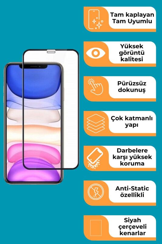 iPhone 11 Pro Max Uyumlu Tam Kaplayan Premium Ekran Koruyucu Cam Anti-Static Özellikli Siyah Çerçeveli - 2