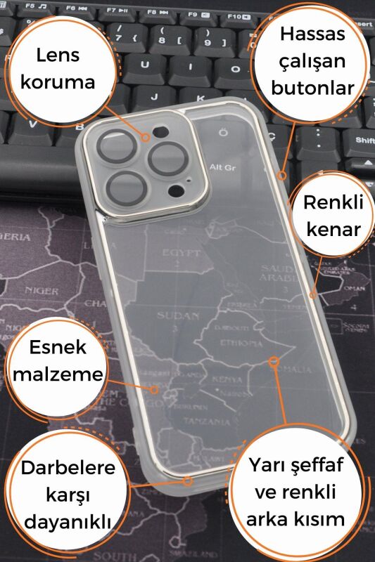 iPhone 12 Pro Uyumlu Gri Kenarlı Renkli Yarı Şeffaf Kapak Kılıf Kamera Lens Korumalı - 6