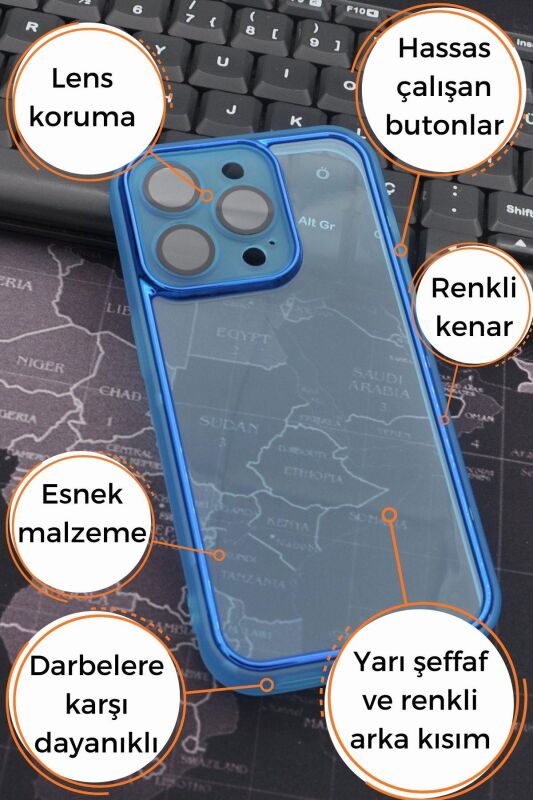 iPhone 12 Pro Uyumlu Mavi Kenarlı Renkli Yarı Şeffaf Kapak Kılıf Kamera Lens Korumalı - 7