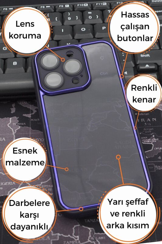 iPhone 12 Pro Uyumlu Mor Kenarlı Renkli Yarı Şeffaf Kapak Kılıf Kamera Lens Korumalı - 7