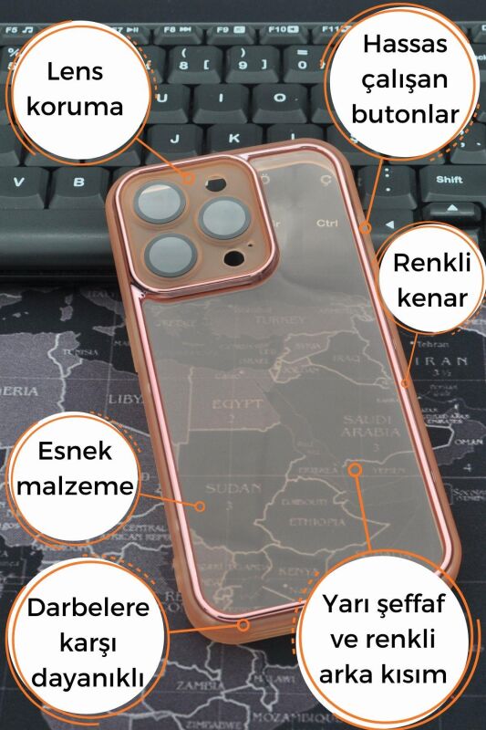 iPhone 12 Pro Uyumlu Pembe Kenarlı Renkli Yarı Şeffaf Kapak Kılıf Kamera Lens Korumalı - 7