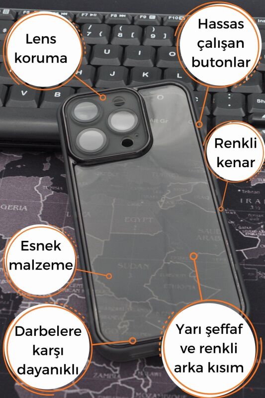 iPhone 12 Pro Uyumlu Siyah Kenarlı Renkli Yarı Şeffaf Kapak Kılıf Kamera Lens Korumalı - 7