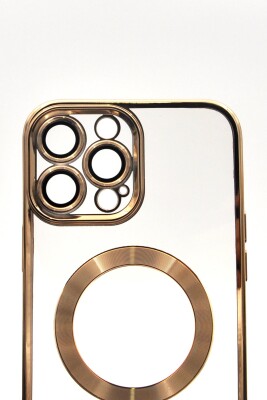 iPhone 13 Pro Max Uyumlu MagSafe Özellikli Altın Sarı Gold Renkli Kenarlı Lazerli Şeffaf Kılıf Lens Korumalı - 5