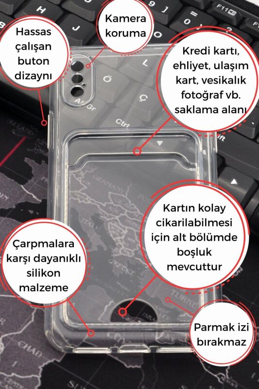 iPhone X Uyumlu Kredi Kartlıklı Şeffaf Kılıf Kamera Korumalı - 2