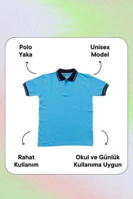 Lacivert Yakalı Turkuaz Kısa Kol Düz Renk 6-16 Yaş Çocuk Okul Lakos Tişört Polo Yaka T-shirt - 4