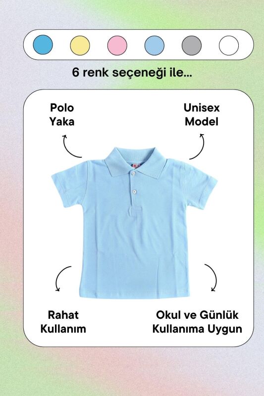 Mavi Kısa Kol Düz Renk Yakalı 6-16 Yaş Çocuk Okul Lakos Tişört Polo Yaka T-shirt - 4