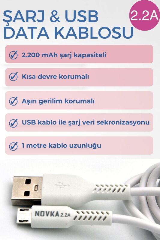 Micro & USB 2.2 A Şarj ve Data Kablosu 1 Metre Beyaz Samsung Huawei Modellerle Uyumlu - 4