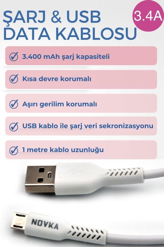 Micro & USB 3.4 A Şarj ve Data Kablosu 1 Metre Beyaz Samsung Huawei Modellerle Uyumlu - 4