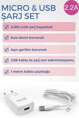 Micro & USB Girişli 2.2 A Şarj Cihazı 1 Metre Kablo + Adaptör Takım Samsung Huawei Modellerle Uyumlu - 4