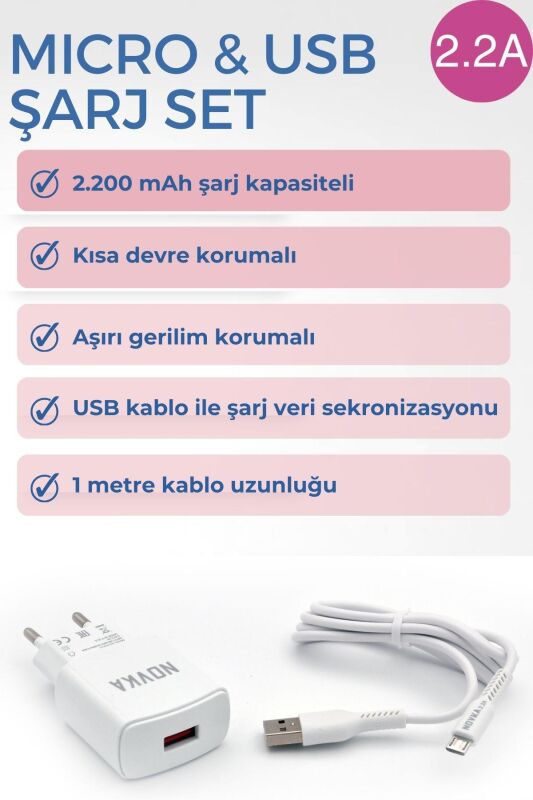 Micro & USB Girişli 2.2 A Şarj Cihazı 1 Metre Kablo + Adaptör Takım Samsung Huawei Modellerle Uyumlu - 4