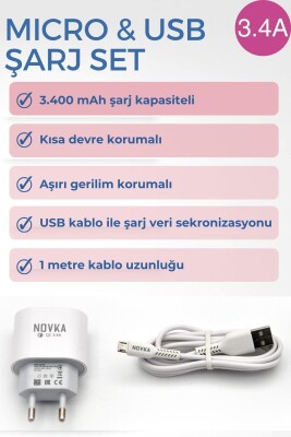 Micro & USB Girişli 3.4 A Şarj Cihazı 1 Metre Kablo + Adaptör Takım Samsung Huawei Modellerle Uyumlu - 4