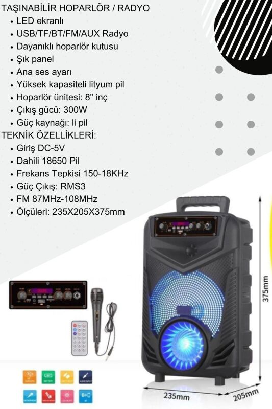 Mikrofonlu Kumandalı Led Işıklı Taşınabilir Bluetooth 8