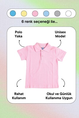 Pembe Kısa Kol Düz Renk Yakalı 6-16 Yaş Çocuk Okul Lakos Tişört Polo Yaka T-shirt - 3