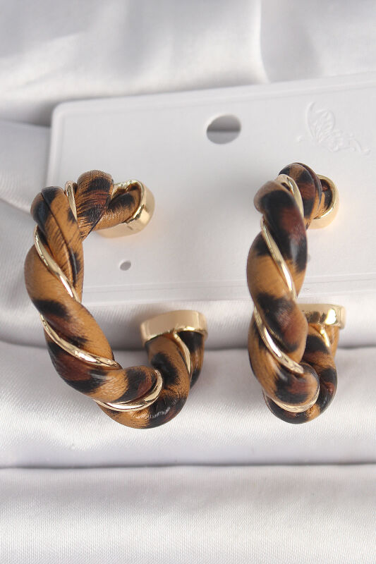 Pirinç Gold Renk Sarmal Halka Leopar Desen Model Kadın Küpe - EBJ250315W32067 - 1