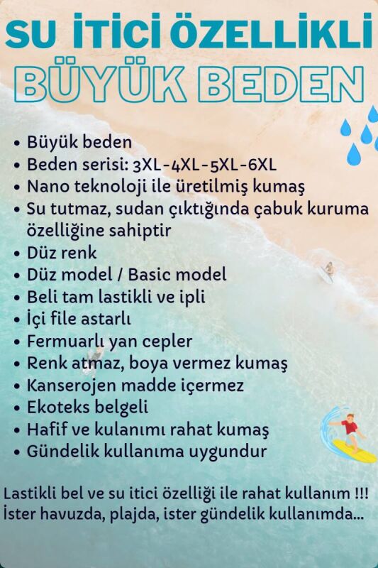 Saks Büyük Beden Su İtici Özellikli Düz Renk Basic Erkek Plaj Deniz Şort Mayo - 2204-Saks - 5