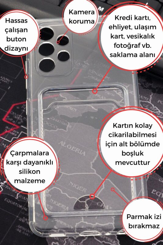 Samsung A23 Uyumlu Kredi Kartlıklı Şeffaf Kılıf Kamera Korumalı - 2