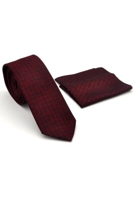 Siyah Desenli Bordo Dokuma Kumaş Mendilli Slim Fit Kravat // SDK-240111 - 2