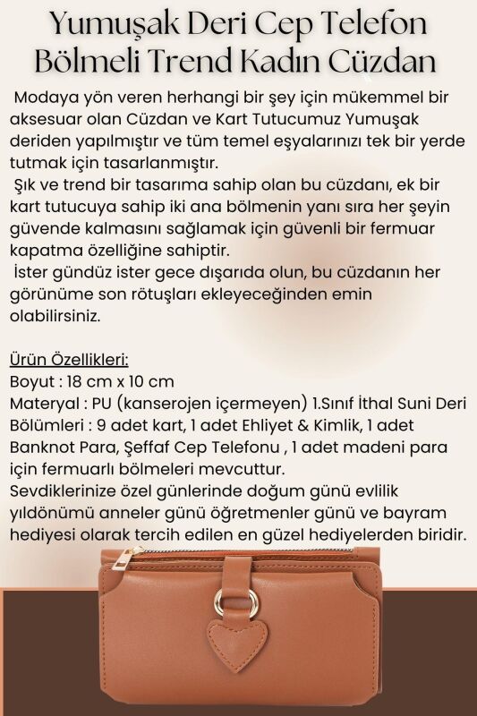 Soft Suni Deri Cep Telefon Bölmeli Trend Kadın Cüzdan Kalp Detaylı - PRS-Nisa-Mor - 6