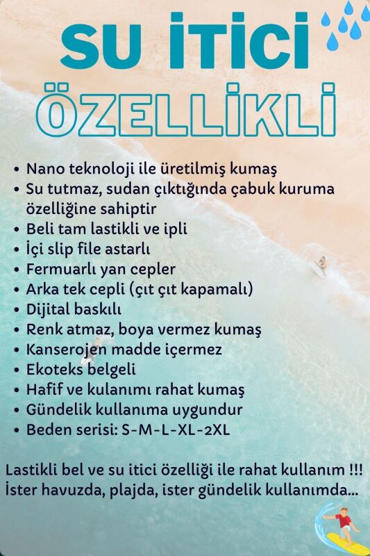 Su İtici Özellikli Dijital Baskılı Erkek Plaj Deniz Şort Mayo - 205-Beyaz - 6