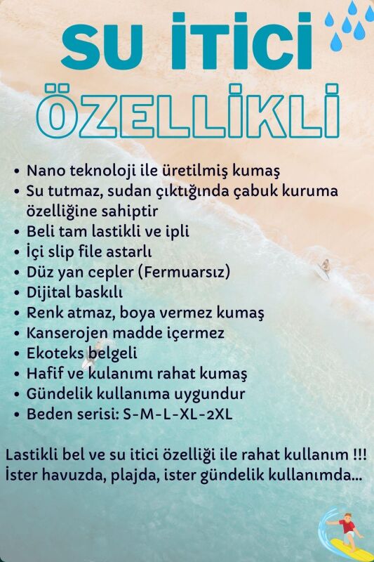 Su İtici Özellikli Dijital Baskılı Erkek Plaj Deniz Şort Mayo - D023-Beyaz - 6