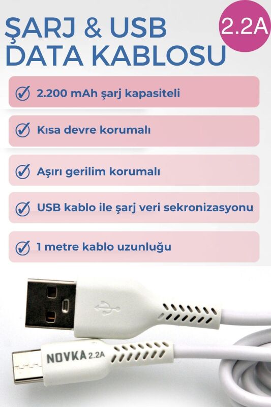 Type-C & USB 2.2 A Şarj Kablosu 1 Metre Beyaz Samsung Oppo Xiaomi Modellerle Uyumlu - 4