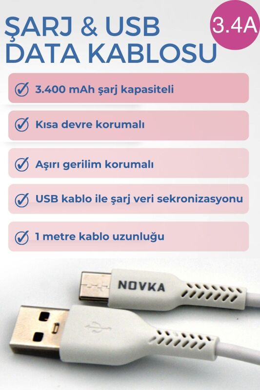 Type-C & USB 3.4 A Şarj Kablosu 1 Metre Beyaz Samsung Oppo Xiaomi Modellerle Uyumlu - 4