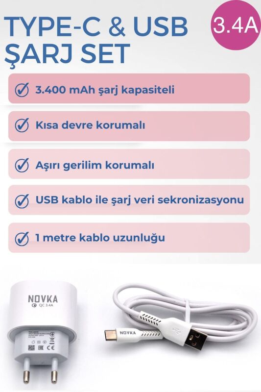 Type-C & USB Girişli 3.4 A Şarj Cihazı 1 Metre Kablo + Adaptör Samsung Oppo Xiaomi Modellerle Uyumlu - 4