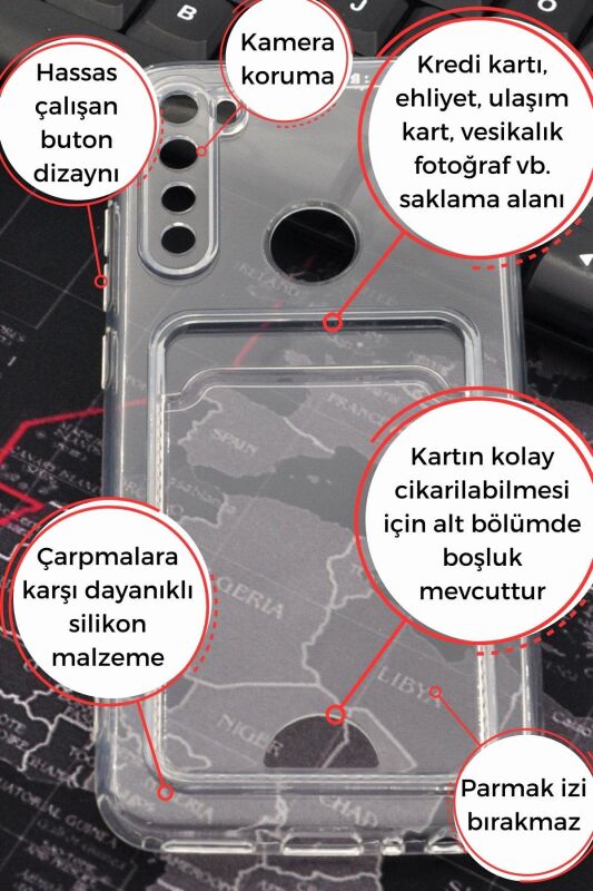 Xiaomi Redmi Note 8 Uyumlu Kredi Kartlıklı Şeffaf Kılıf Kamera Korumalı - 2