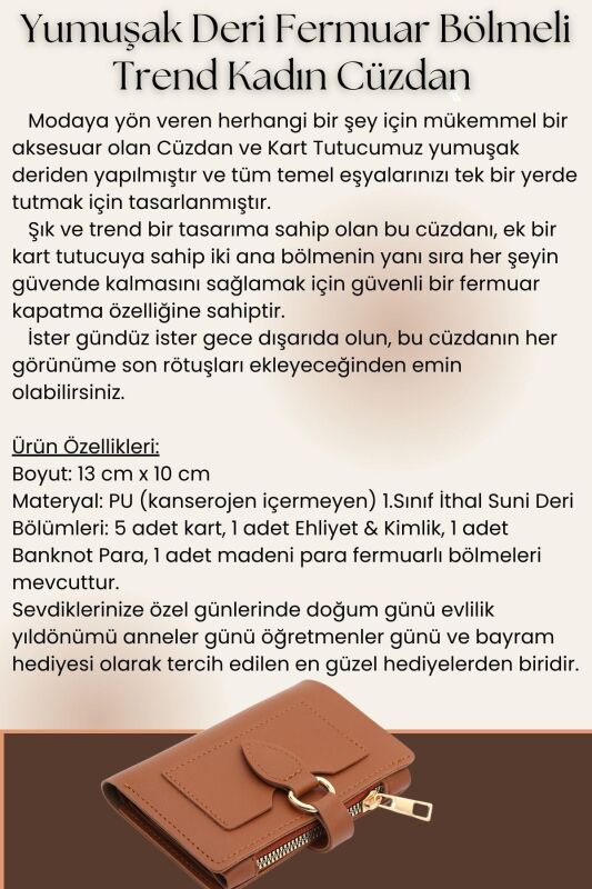 Yumuşak Suni Deri Fermuar Bölmeli Trend Kadın Cüzdan - PRS-Elif-Lila - 6